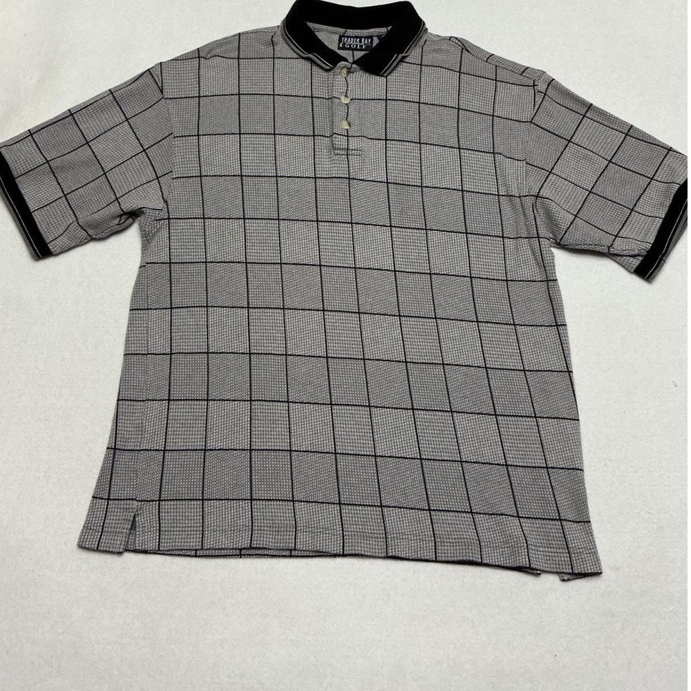 Vintage Trader Bay Golf Polo Shirt Mens L Gray Black Windowpane Check Cotton